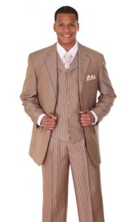 New Mens 3 Piece Milano Moda Stylish Modern Fashion Stripes Suit Tan