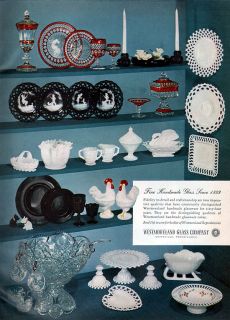 Westmoreland Black Glass Rooster Ruby Crystal Punch Bowl 1953 Magazine