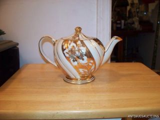 Vintage Sadler Teapot Made in England Gold White Floral Design