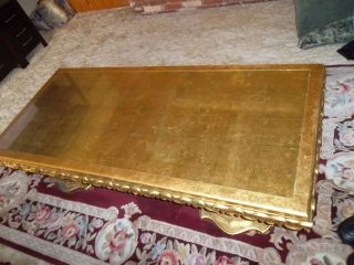 Vintage Gold Long Coffee Table w Glass Inlay