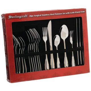  20pc Surgical Stainless Steel Flatware Set Gold Plated Trim