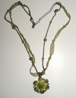 1928 Necklace Lime GREEN Flower Rhinestone pendant Ribbon chain bead