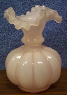 Fenton Rose Overlay Ruffled Melon Vase