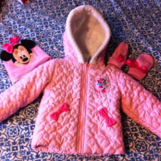Disney Store Girls Minnie Mouse Coat Hat Mittens 4 5 Pink