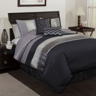 6pc Black Gray Sequin Pieced Embroidered Faux Silk Comforter Set Queen