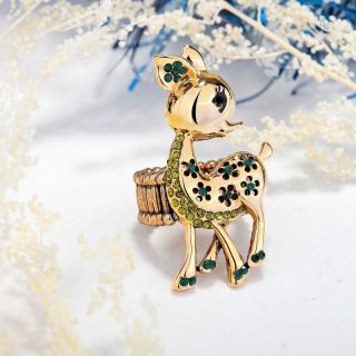 14k Gold Plated Rhinestone Spotted Deer Stretch Cocktail Ring Green
