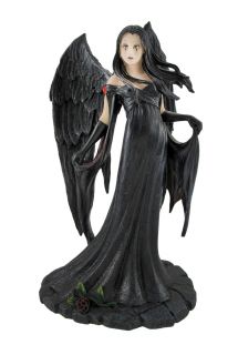 Gothic Dark Angel with Rose Statue Figure Black Feathered Wings