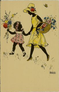 1931 Artist Signed Hannes Petersen Little Girls Collecting Flowers