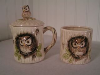Vintage OMC Otagiri Owl Sugar and Creamer Set, Hand Painted Owls Japan