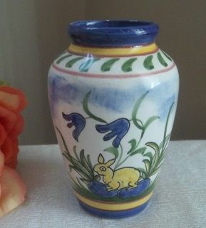 Vtg Arte ceramica Portugal hand painted vase with rabbit and blue