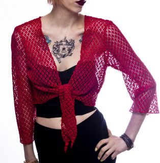 Graff Wear Brick Red Lacy Midriff Tie Sweater Top Sheer Sequins M