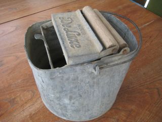 Vintage DELUXE Brand Galvanized Mop Bucket with Handle and Wood