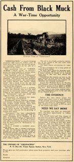 1918 Ad Greenacres Farm Wartime WWI Black Muck Profit   ORIGINAL