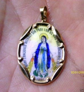 Antique Victorian Holy Mother Mary Trinity Porcelain 14kt Gold Pendant