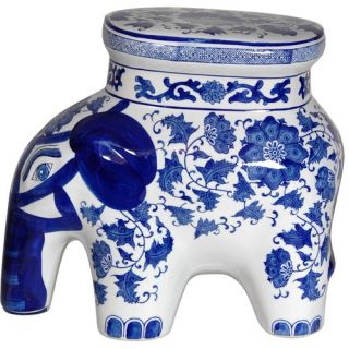 Oriental Furniture Elephant Stool with Blue Floral Design