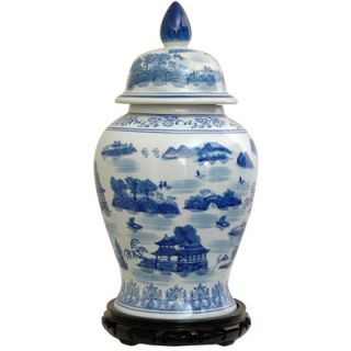 Oriental Furniture Temple Jar with Blue Landscape Design in White