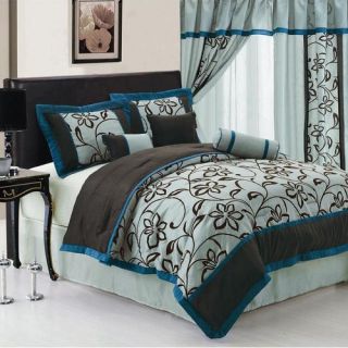 Floral Comforter Set Aqua Blue/ Chocolate