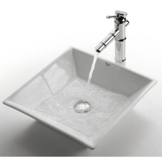  Square Sink in White with Bamboo Single Lever Faucet   C KCV 125 1300