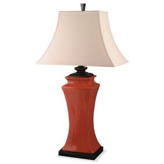 Table Lamp with Cream Linen Bell Rectangle Sewn Shade in Antique Red