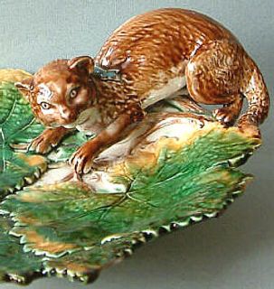 Antique Squirrel Cat Nut Dish Figural Majolica Platter Eichwald C1900