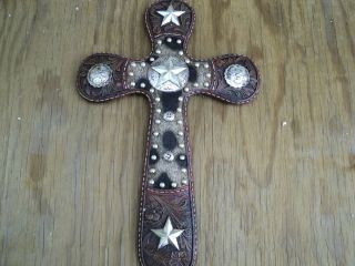 WOODEN CROSS COWHIDE WESTERN DECOR ARTS CRAFTS LEATHER PF8344