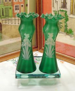 Two Antique Bohemian Mary Gregory Green Satin Glass 7 5 8 Bud Vases