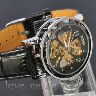  Mens Automatic Analog Mechanical Black Leather Strap Watch L60