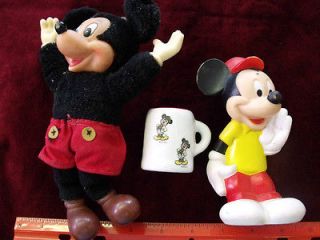  VINTAGE WALT DISNEYS TWO OLD MICKEY MOUSE DOLLS AND SHAVING CREAM CUP