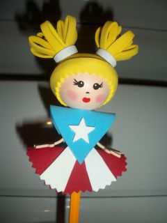  Doll Pencil Topper with Puerto Rican Flag Dress Handmade Craft
