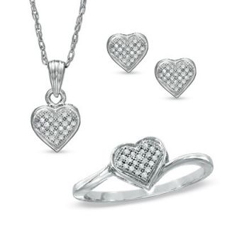  Diamond Sterling Silver Heart Shaped Ring Pendant Earring Set