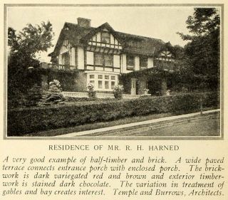 1921 Print R H Harned Home Mansion Architecture Temple Burrows
