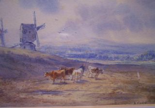 Superb Henry Earp SR Landscape Painting 1880 Clayton Windmills Cows
