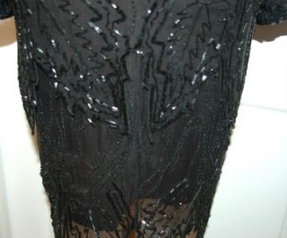 Vintage Silk Black Glass Bead and Black Sequin Dress Sheer Sleeves Zig