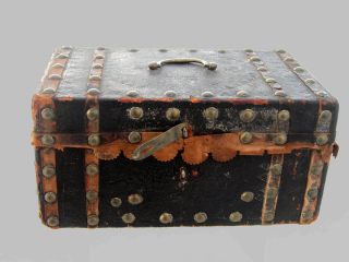 Vtg Small Leather Brass Wood Covered Black Steamer Trunk Chest Antique