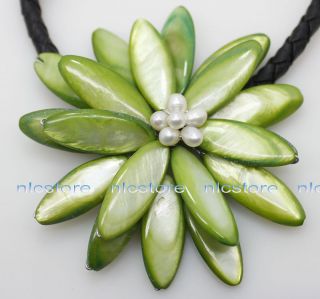 Green Sea Shell White Pearl Flower Pendant Necklace Gemstone 18 inches
