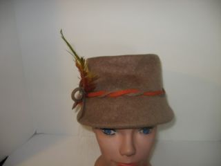 Vintage Glenover Henry Pollak 100% Wool Tan Hat with Feather