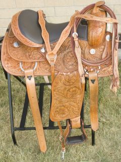  Western Hand Carved Reining Trail Horse Leather Saddle Tack w/ Hay Bag