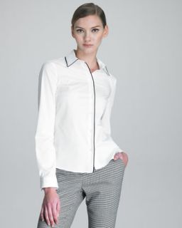 Jil Sander Navy Button Front Shirt with Piping Trim   