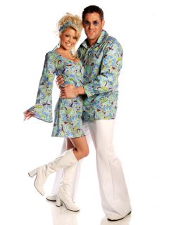 Blue Groovy Disco Shirt Adult 70s 60s Hippie Retro Mens Couples