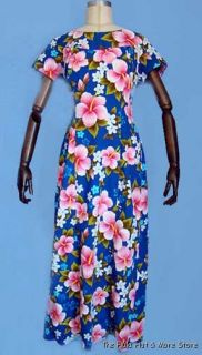  HIBISCUS Print BARKCLOTH~ MAXI HAWAIIAN Dress WATTEAU Drape Back S/M