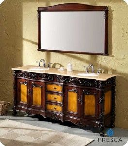  Antique Double Sink Bathroom Vanity w Travertine Countertop