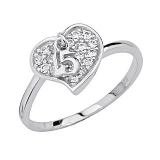 925 Sterling Silver CZ Sweet 15 Heart Womens Ring Jewelry 