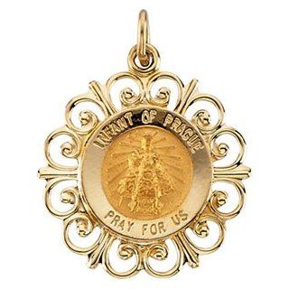 14k Yellow Gold Round Infant Of Prague Pendant Medal 18.5
