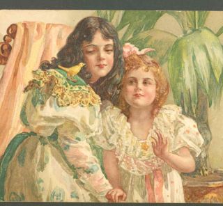 Nister Sisters Play with Canary Bird Harriet Bennett Chromolithograph