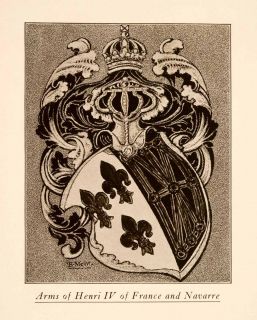 1907 Halftone Print Coat of Arms Henri IV France Navarre Decorative