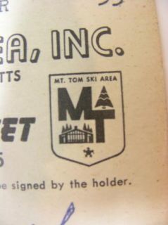Mt. Tom Ski Area Holyoke Mass 1964   1965 Season Ticket with Managers