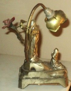  Electric Lamp Music Box Lady Lourdes Holy Statue Spelter Porcelain