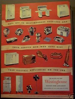 1945 Westinghouse Home Appliances Stove Vacuum Ad
