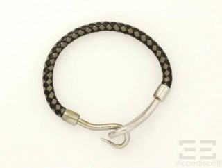 Hermes Black & Grey Woven Leather & Silver Jumbo Hook Bracelet