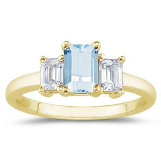 33 Cts Diamond & 1.40 Cts Aquamarine Three Stone Ring in 18K Yellow